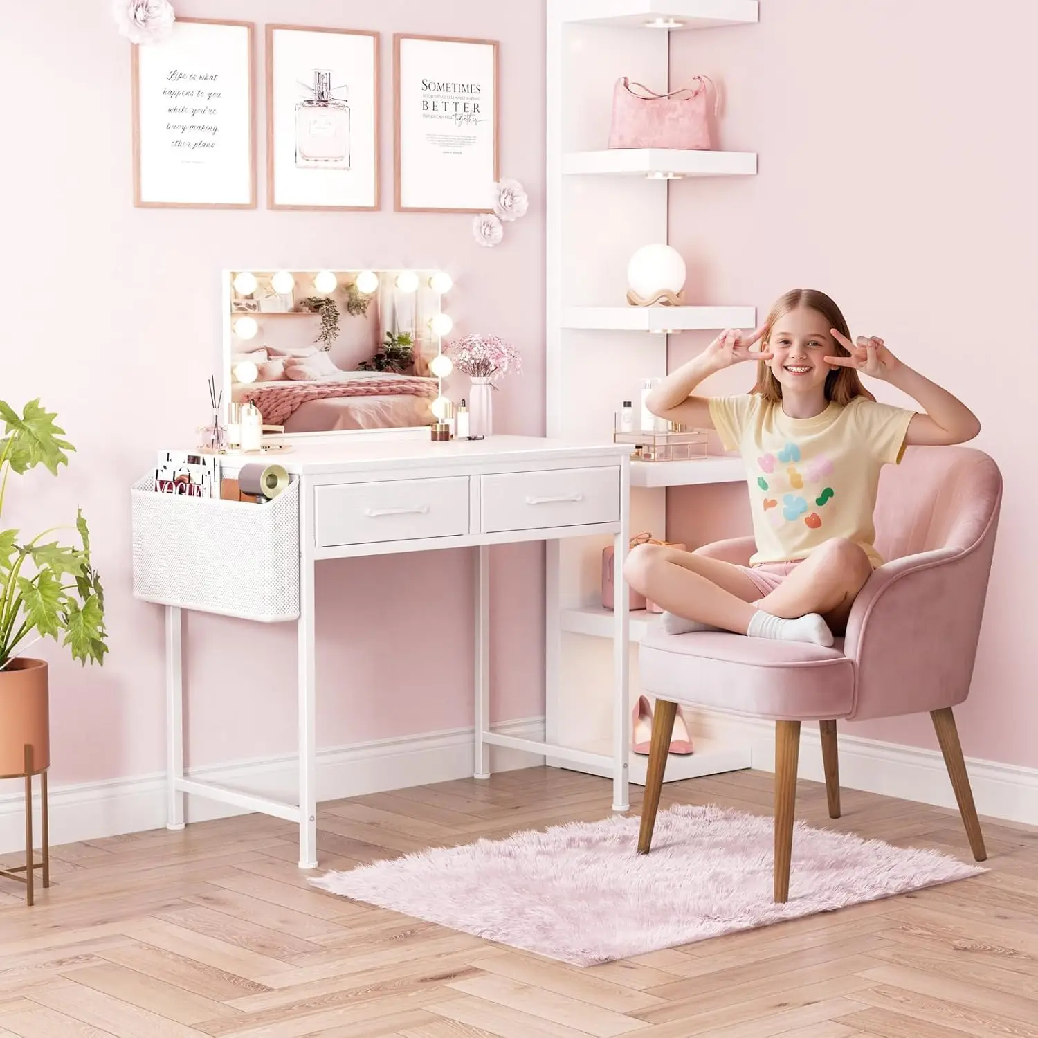 

White Small Desk with Fabric Drawers - 32 Inch Vanity Desk for Bedroom, Study Table for Girls