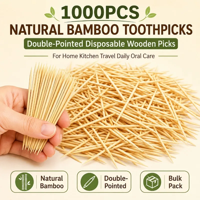 1000PCS Bamboo Toothpicks Double Pointed Wooden Picks for Kitchen Dining Travel Fruit Snacks Party Home Oral Hygiene Use