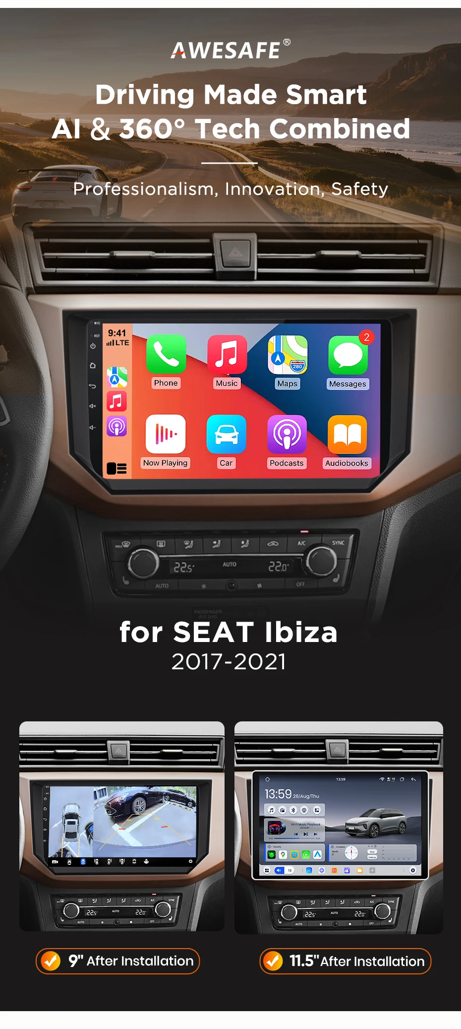 AWESAFE Kabelloses CarPlay Android Auto Radio für Seat Ibiza 2017 2018 2019 2020 Plug & Play FM BT RDS DSP 4G GPS SWC Multimedia – Detail 3