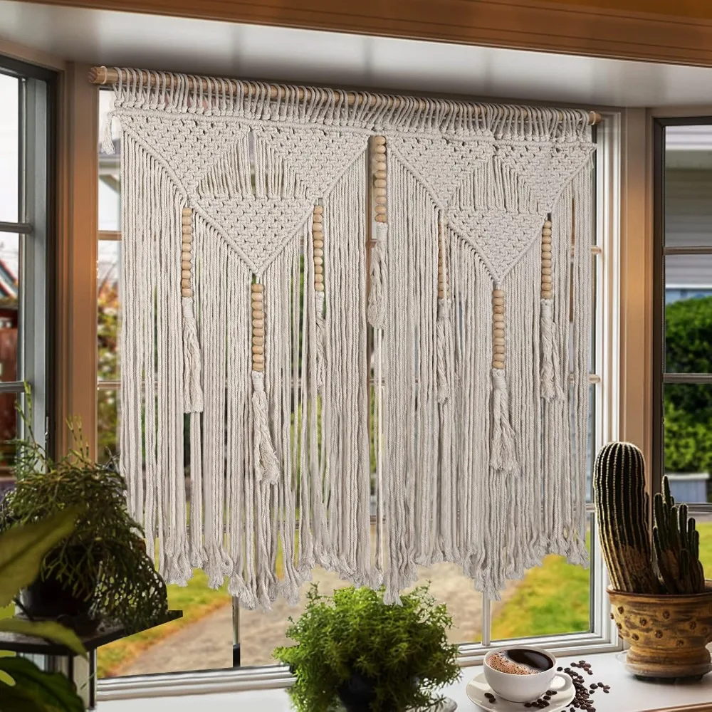 Large Macrame Wall Hanging 43.3" x 39.4" Boho Tapestry Woven Wall Decor Cotton Tassel Curtain Beige Chic Bohemian Art for Living Room Bedroom Dorm Wedding - view 2