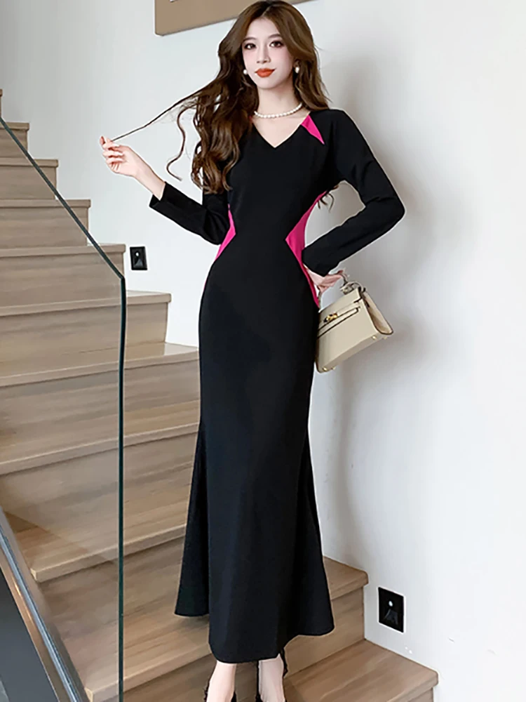 

Autumn Winter Black Patchwork Long Sleeve V-Neck Maxi Dress Women Korean Vintage Hepburn Porm Dress 2025 Elegant Bodycon Dresses