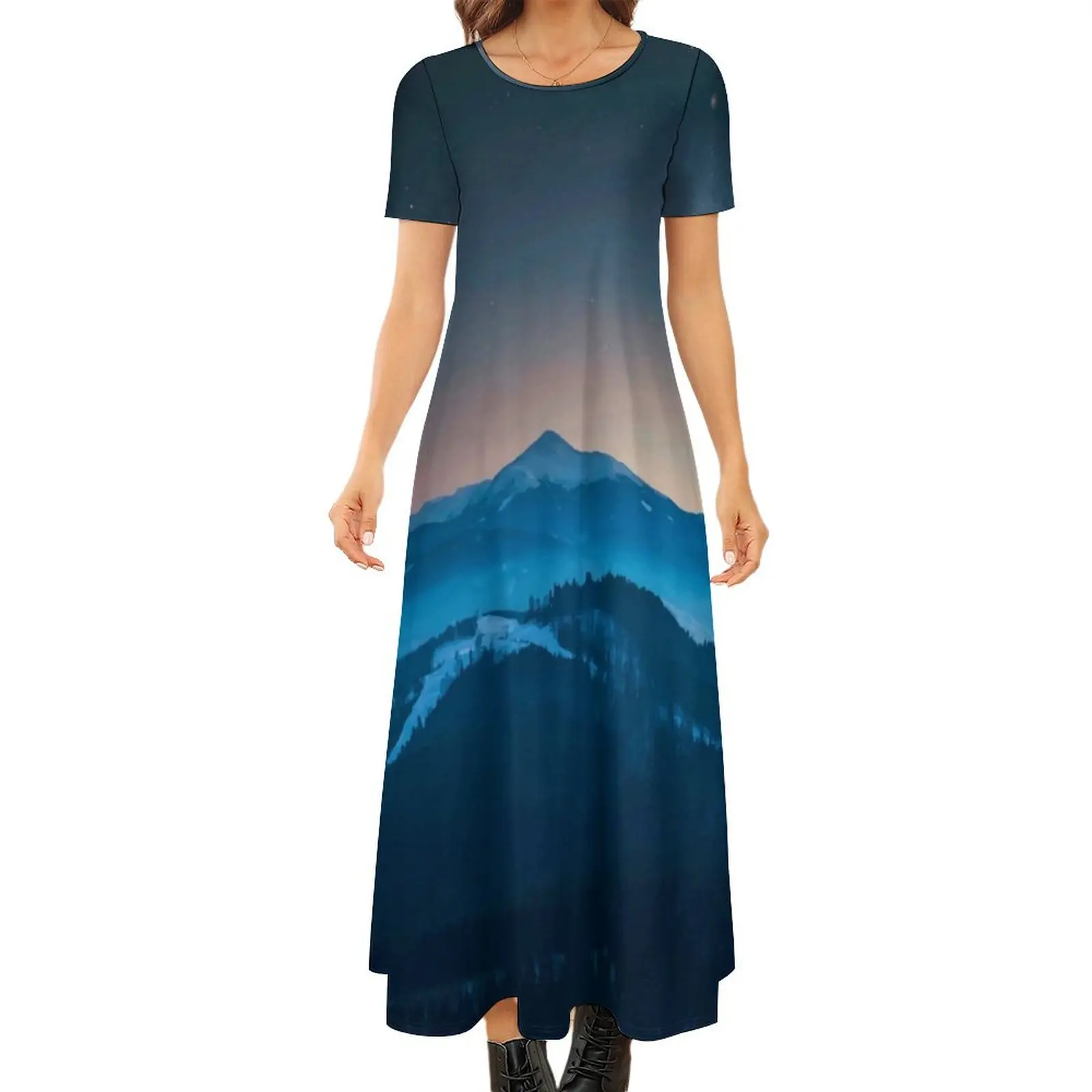 Foggy Mountains Panorama Dress Nature Landscape Elegant Maxi Dress Female Short Sleeve Boho Beach Long Dresses Big Size 6XL 7XL