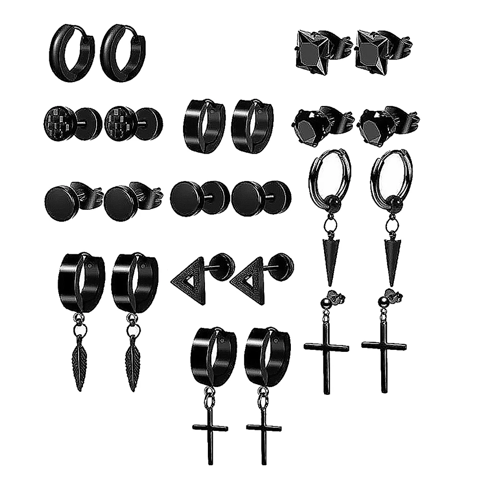 

12Pairs Black Cross Piercing Ear Studs Punk Style Stainless Steel Earrings Unisex Fashion Ear Accessories for Daily Party