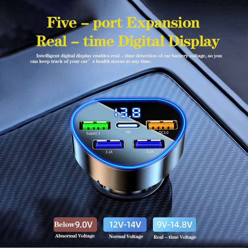 Cargador de coche de 300W y 5 puertos, carga rápida PD/QC/SCP/FCP/AFC/PSS, carga Flash para encendedor de cigarrillos de coche con pantalla Digital