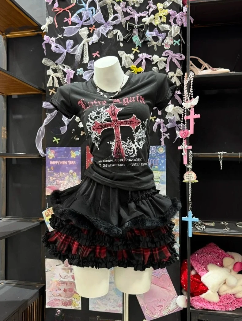 

Harajuku Punk Gothic Matching Sets Women Subculture Y2k Cropped Tee + Mini Skirt Vintage Street Style Two Piece Outfit Suits