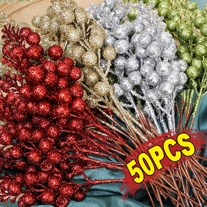 Christmas Artificial Glitter Red Berries Branches Gold Powder Holly Berry Fake Flowers Xmas Tree Ornaments Party Home Decoration