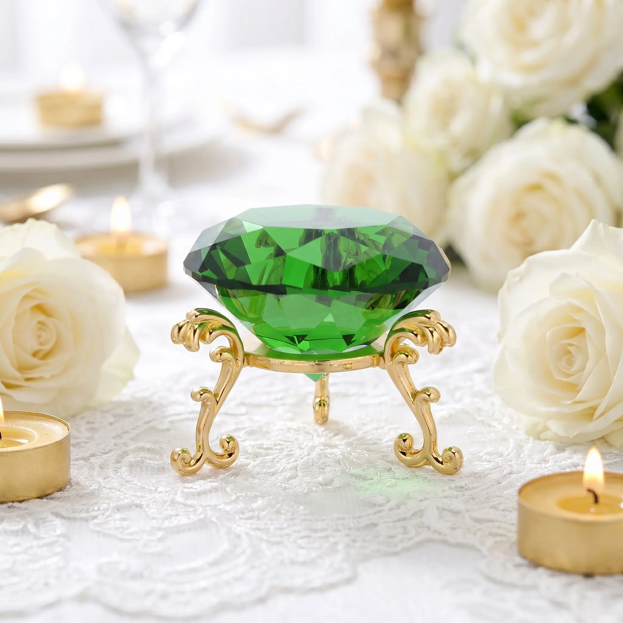 50Mm Crystal Diamond Paperweight Decorative Artificial Crystal Ornament Gold Tripod Stand Wedding Reception Decor Jewelry