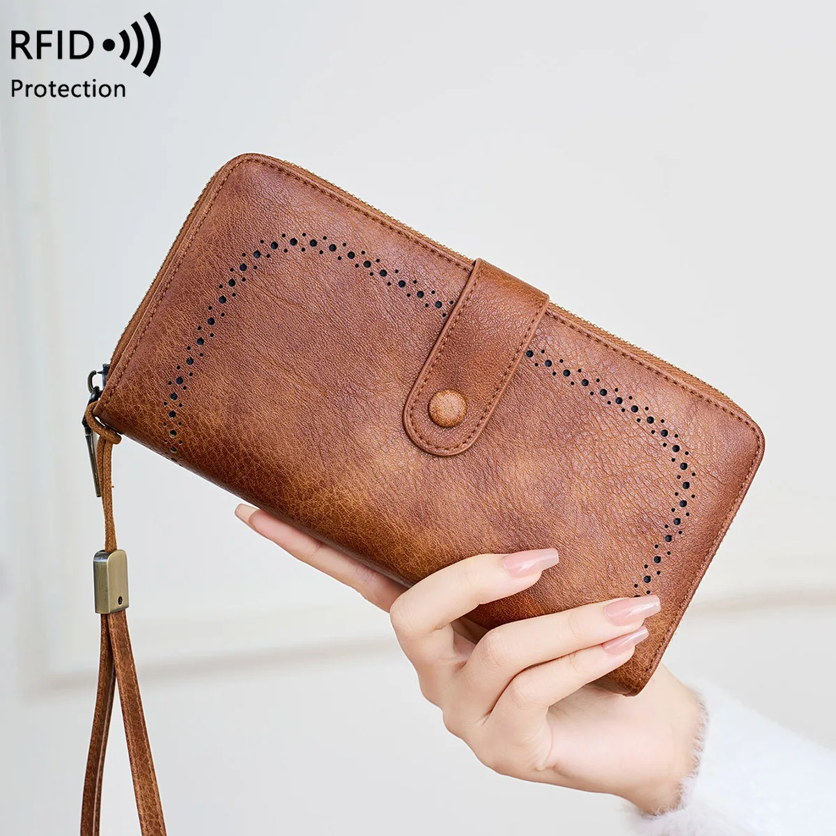 RFID anti-theft brush lady hollow organ card bag retro large capacity long mobile phone storage wallet