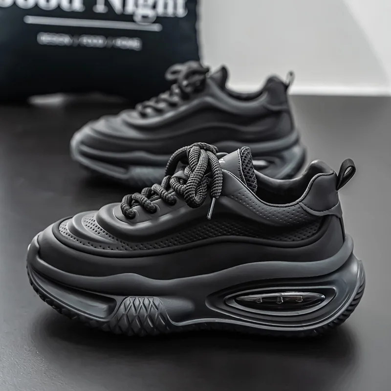 

Men's Sports Shoes 2026 New Fashion Versatile High-End Sensation Black Leather Thick Bottom Height Platform Sneakers for Men