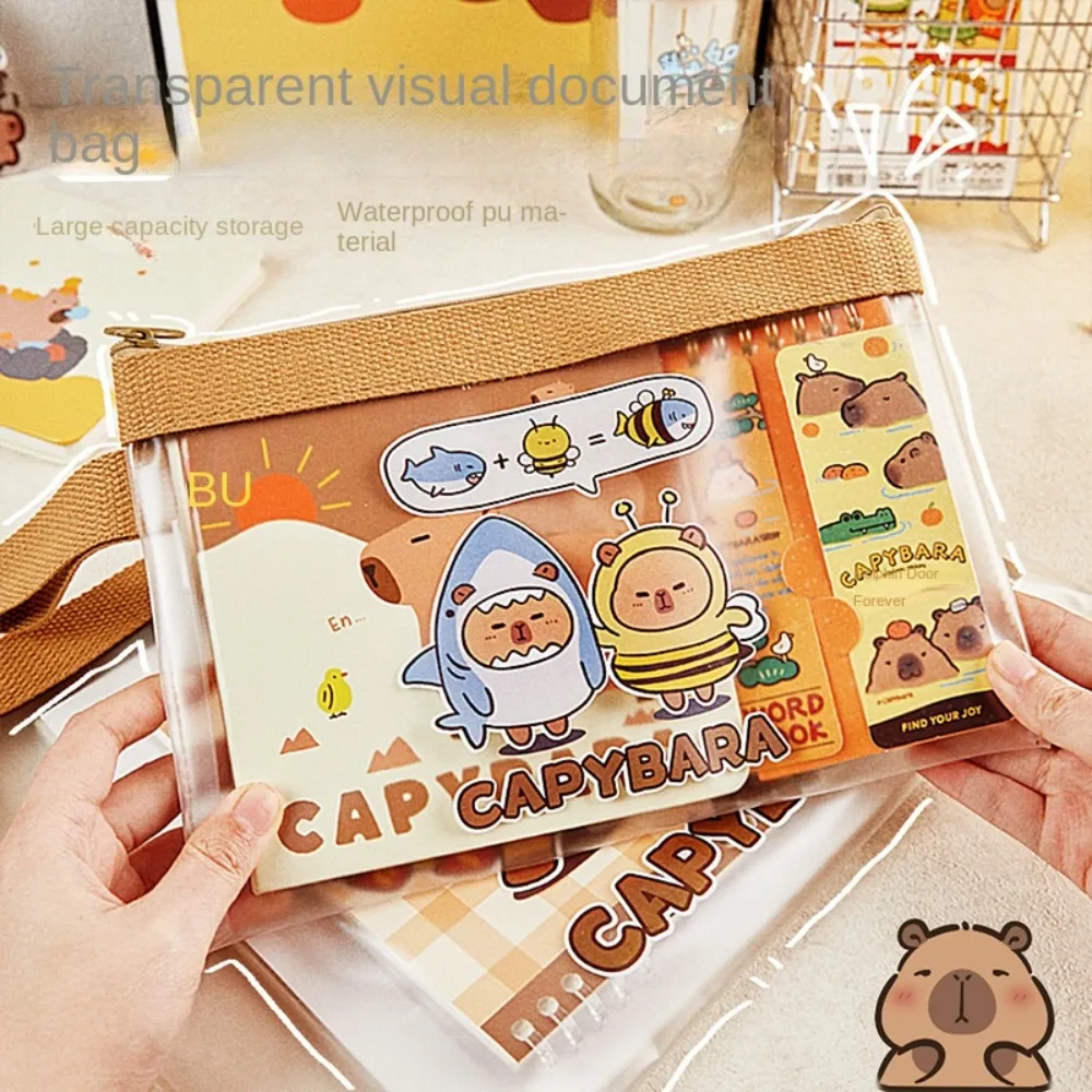 Transparent Capybara Document Bag Zipper Pouch Waterproof Cartoon Paper Storage Bag Portable Transparent and Visible