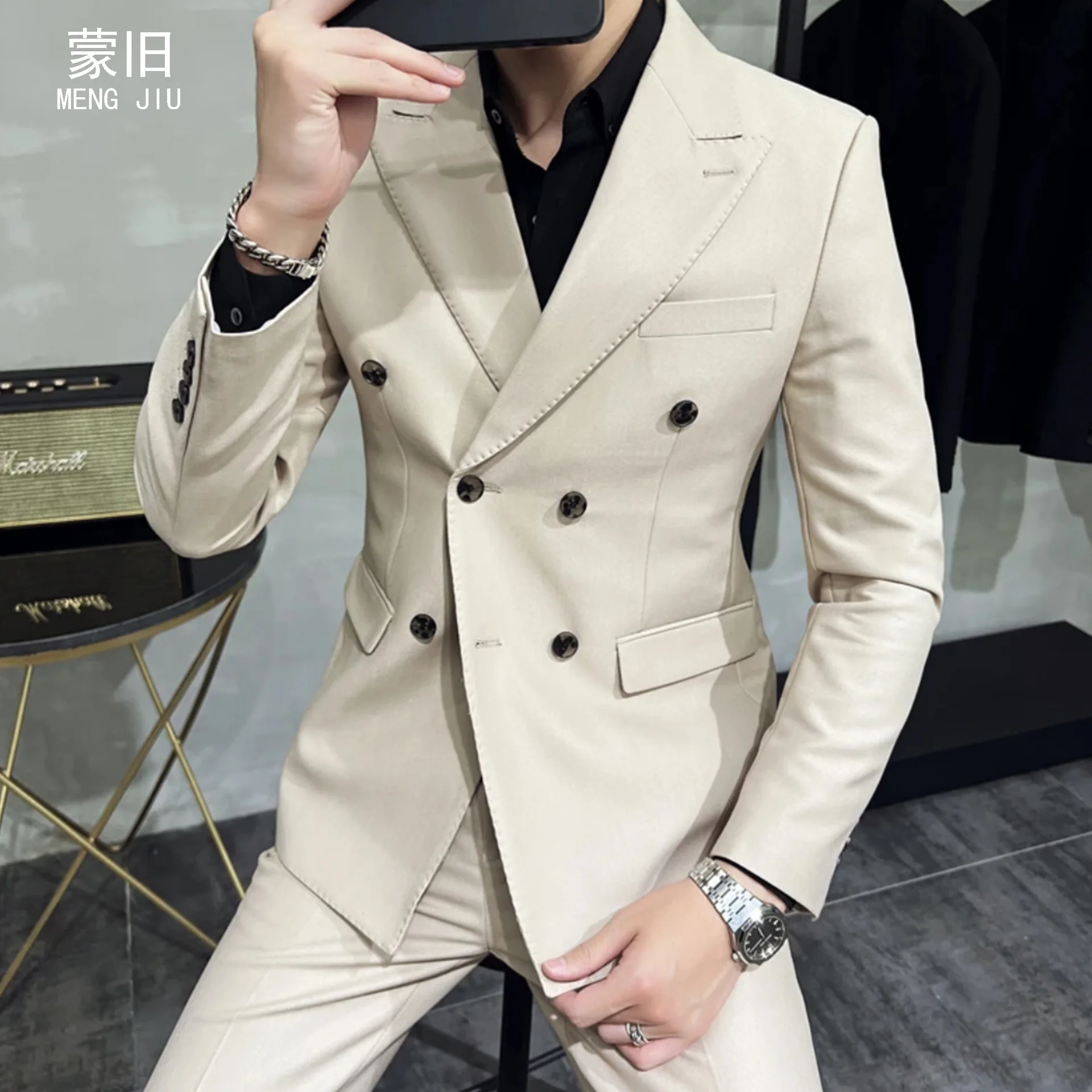 4-E14  Men\'s Double-breasted Suit Solid Color Fashion h-end Sense Bullheaded Suit BuCasual Korean Cross-border Wholesale