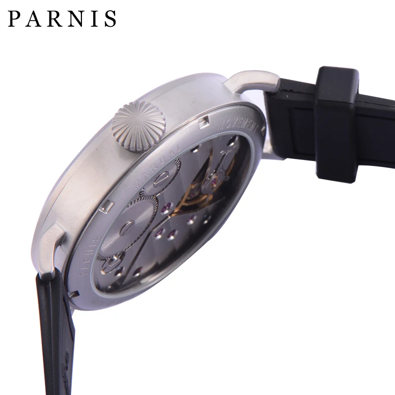 Parnis 46mm Silver Case Hand Winding Luminous Mark Men\'s Causal Watch Stainless Steel Case Small Second Men Watch Leather Strap