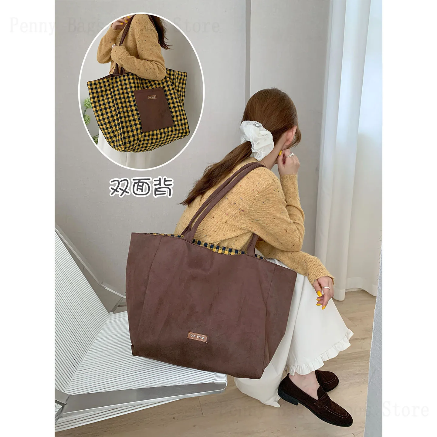 

Нишевый дизайн 2025 года, осенне-зимняя классическая замшевая двусторонняя сумка через плечо в клетку в стиле ретро, дорожная сумка-тоут в ленивом стиле
