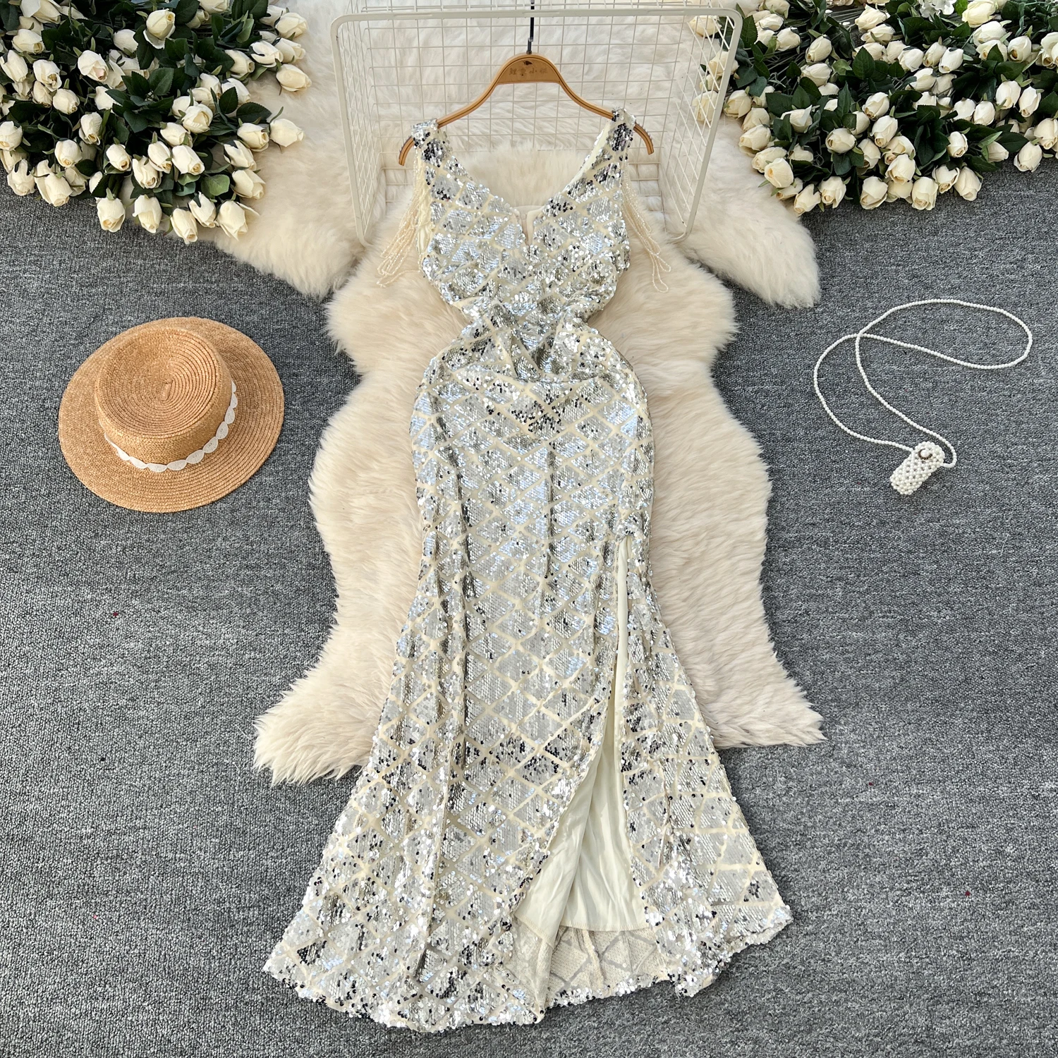 Elegant Sleeveless V-neck Chic Glitter Sequin Beading Tassel Slim Split Mermaid Straps Long Dresses Evening High Street Clothing