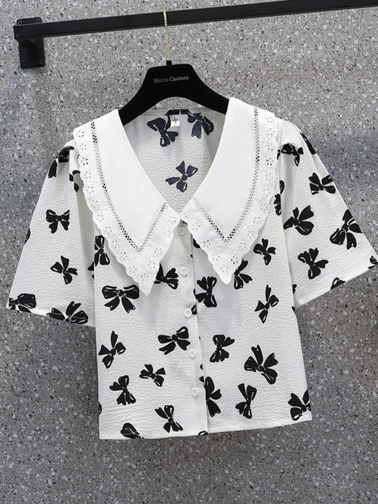 

Oversize Korean Style Short Blouses For Women Summer Sweet Peter Pan Collar Large Shirt Short Sleeve Butterfly Hollow Out Tops