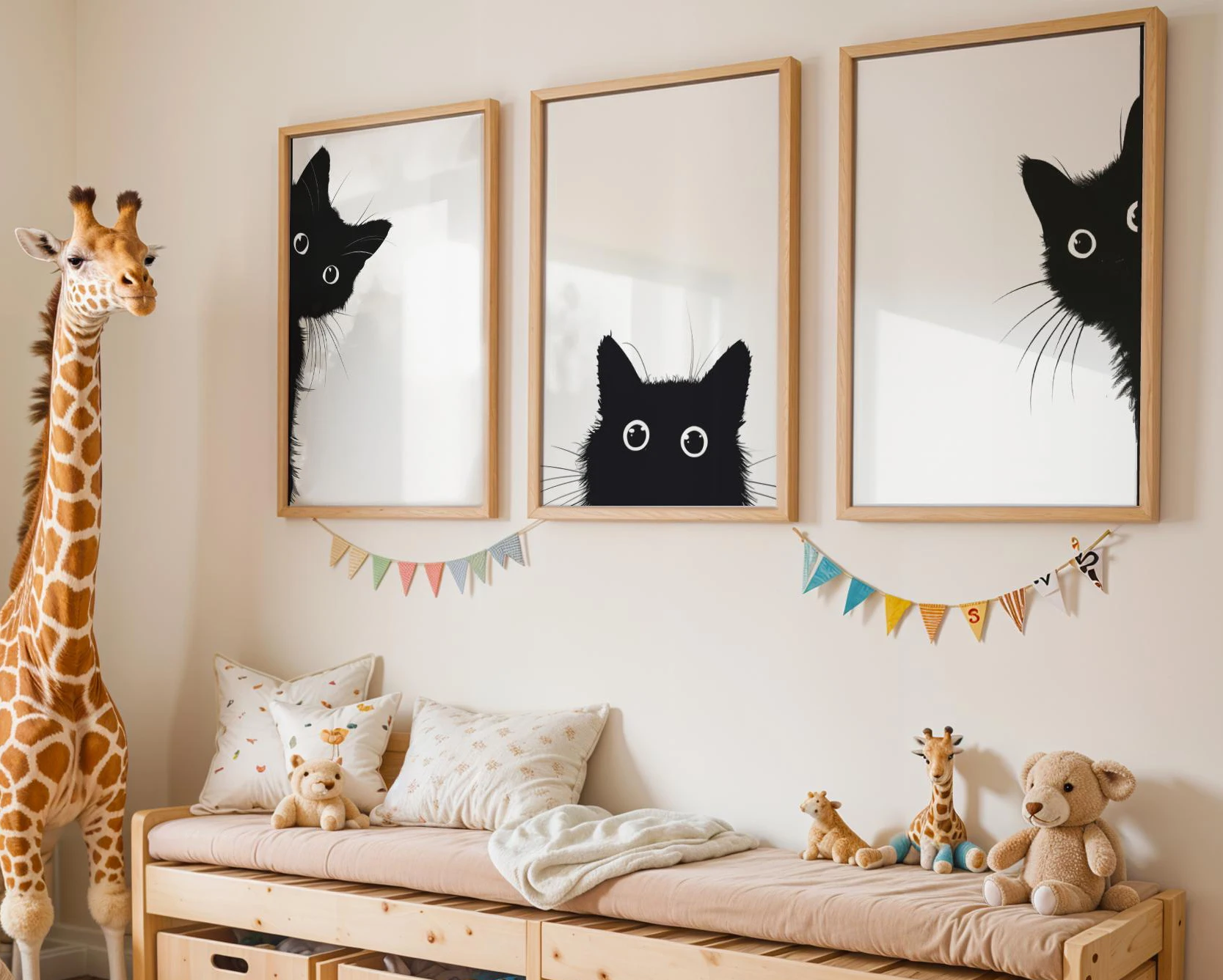 Cartoon Abstract Simple Black Kitten Probe Head Three Poster Canvas Art Painting Printing Home Room Wall Pictures Decor Gift