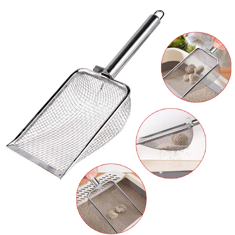 1*Long Handle Pet Cat Waste Shovel  Stainless Steel Metal Shovel Litter Filter Garbage Sand Scoop Pet Cleaning Tool Cat Supplies