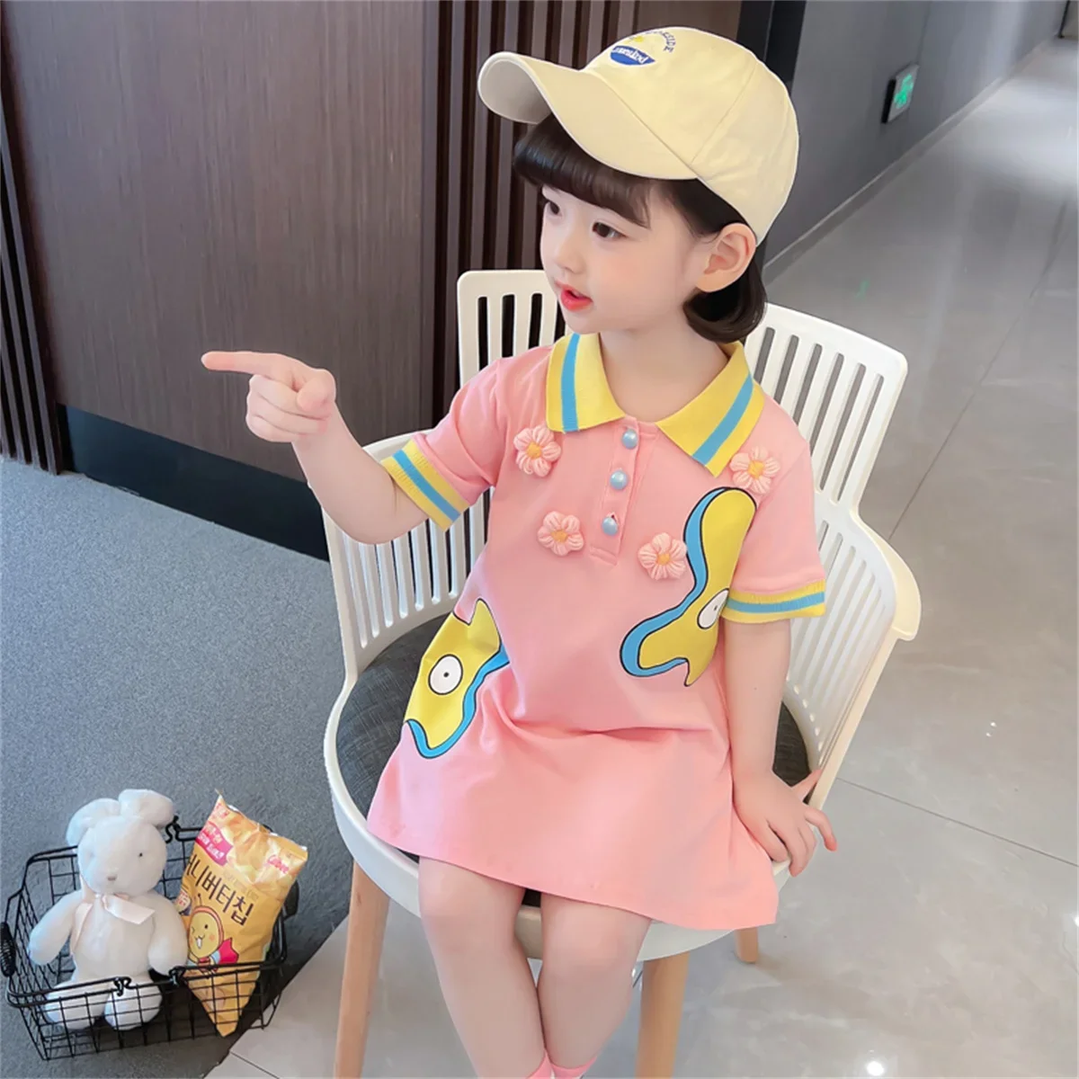 Girls' Dress Summer Short Sleeved Casual Polo Collar Printed Pink Dress For Daily Sweet Sports Wear