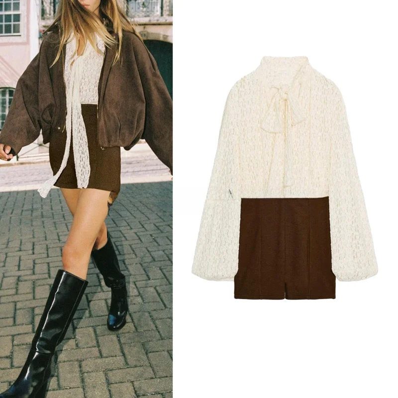 

Autumn Winter New Arrival Women's Casual High Collar Long Sve Patchwork Knot Decorated ort One-Piece Suit