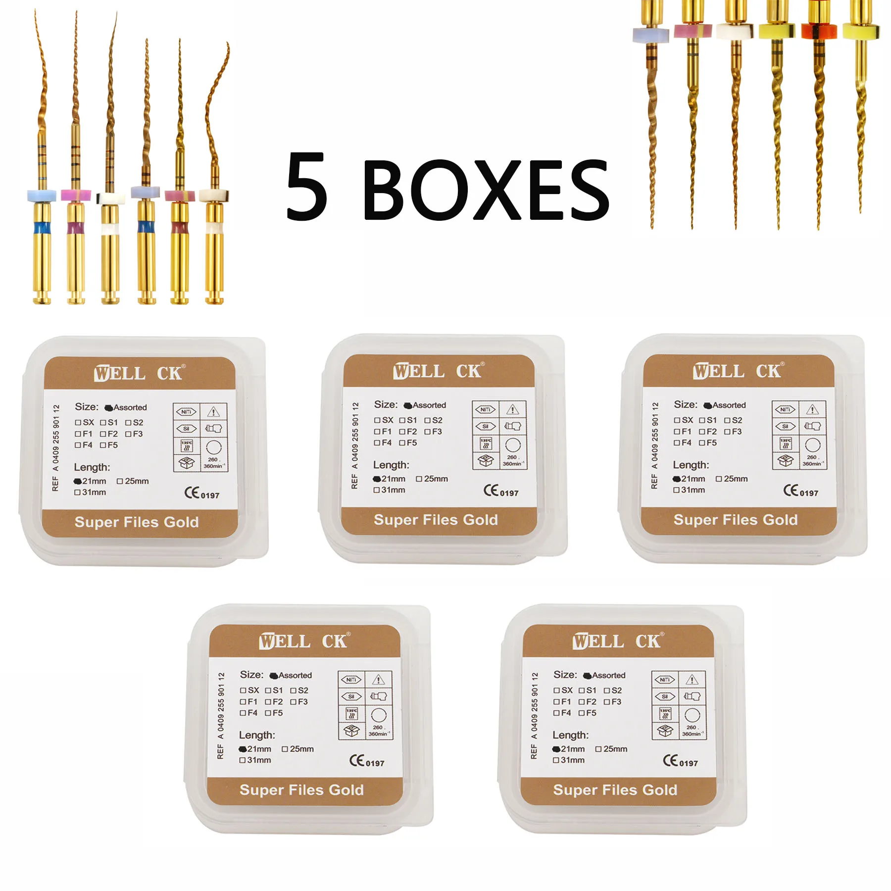 5boxes Dental Endodontic Gold Flexible Files Heat Activated File Nickel Titainium 19/21/25mm  Dentistry Root Canal Material