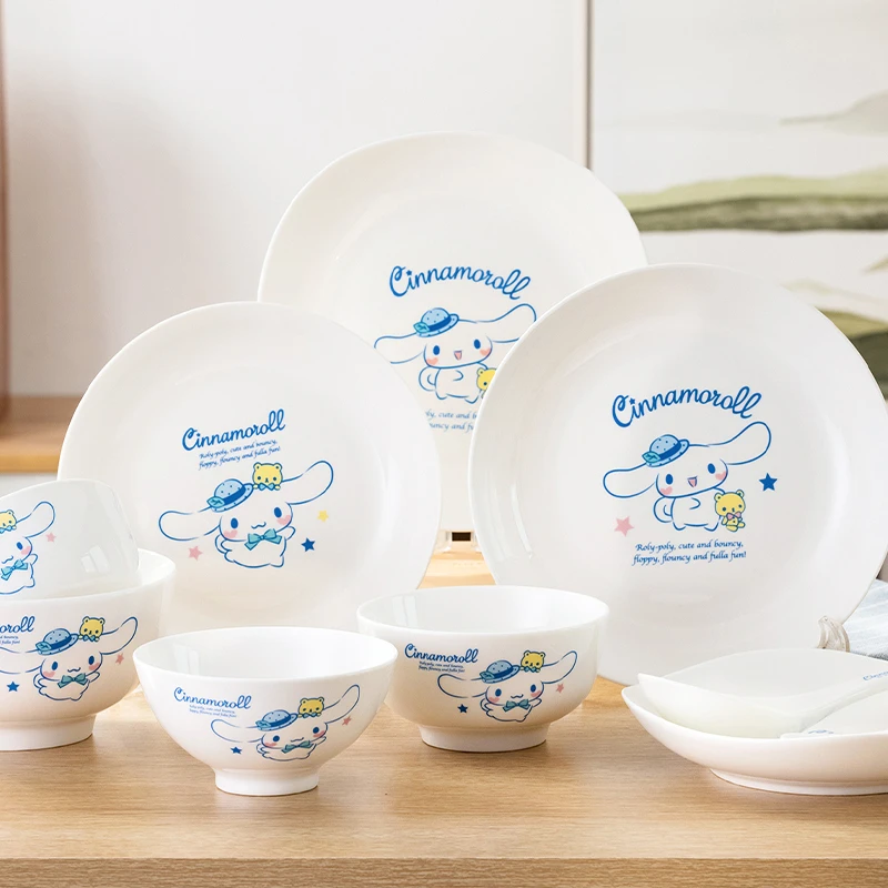 Kawaii Sanrio Anime Hobby Cinnamoroll Genki Series Cartoon Ceramic Breakfast Plate Breakfast Bowl Home Tableware Set