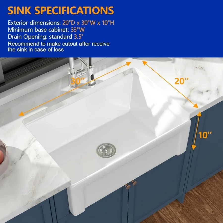 حوض مطبخ للمزرعة مقاس 30 بوصة مع تصميم أمامي لامع من البورسلين الأبيض اللامع حوض واحد مثالي للحديث والحديث