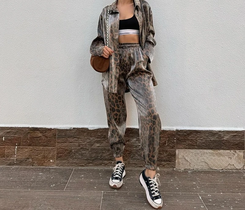 

Women's New Casual Leopard Print Shirt High Waisted Leg Cinching Cropped Pants Set