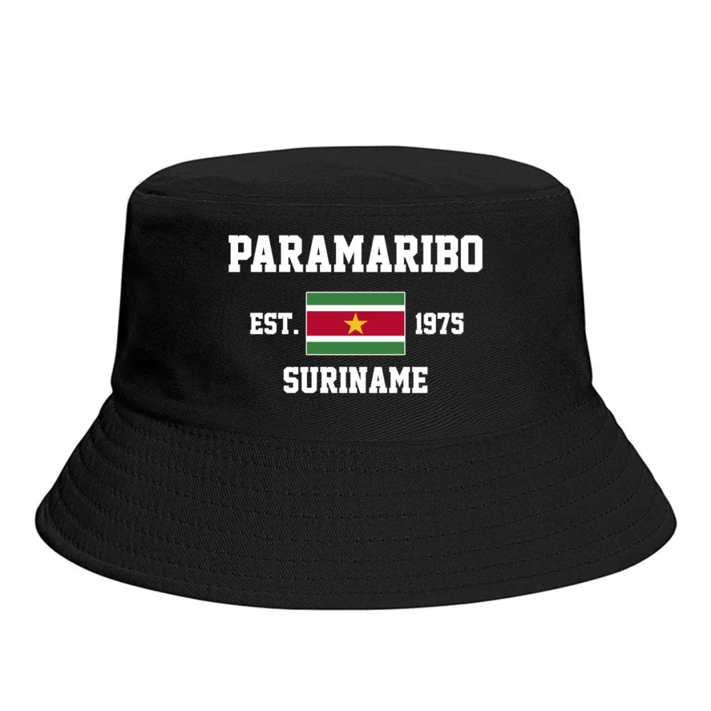 Bucket Hats  Suriname EST.1975 Paramaribo Emblem Flag Sun Shade Cool Outdoor Summer Fisherman Caps Fishing Hat