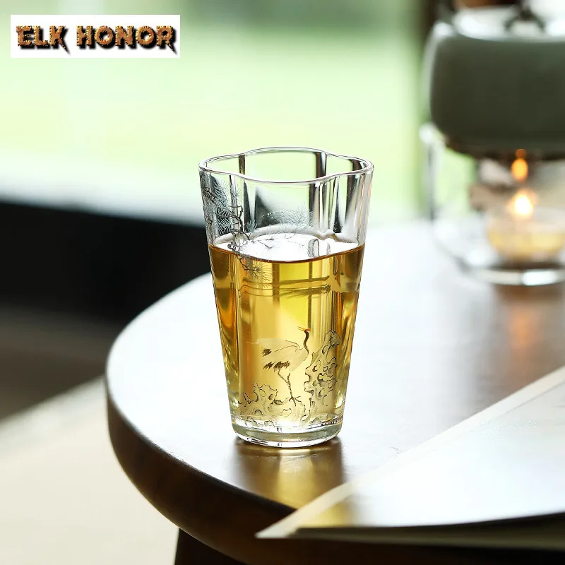 

160ml Blue Pine Crane Glass Petal Teacup Zen Tea Bowl Single Cups Tea-tasting Fragrance Cup Jianzhan Master Cups Drinkware Gifts