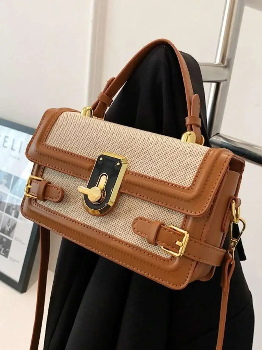

Women Retro Flap Crossbody Bag, Splicing Square Shoulder Bag with Metal Buckle Top Handle, Ideal Valentine's Day Gift