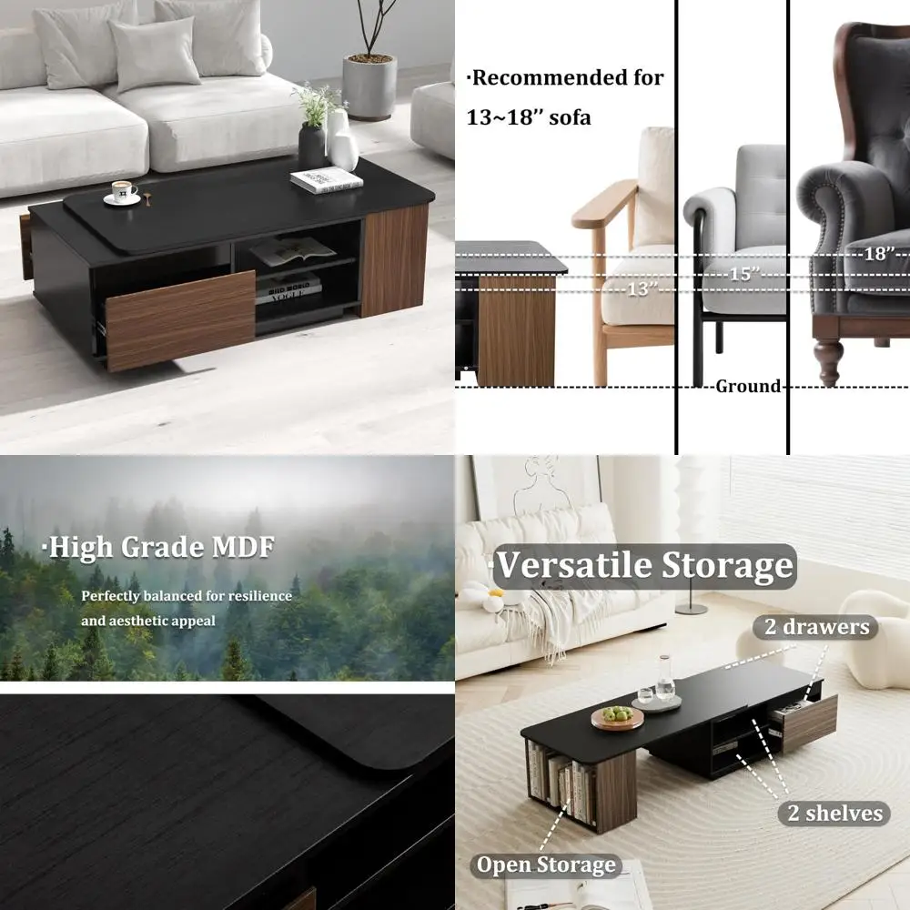 

Adjustable Rectangle Coffee Table 48-66 with Storage Drawers and Shelf, Black/Walnut Finish, Extendable Design