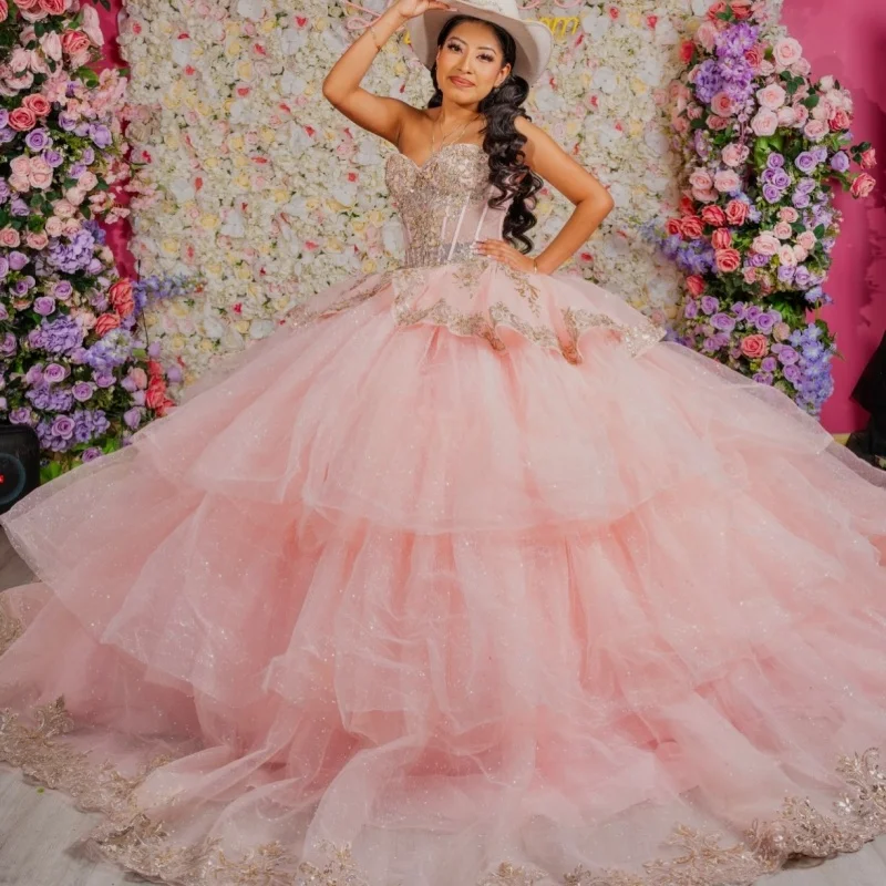 

Shiny Pink Quinceanera Dress off-shoulder Glitter Crystal Decal Lace Layering Long tail vestidos de 15 Quinceanera ﻿Customize