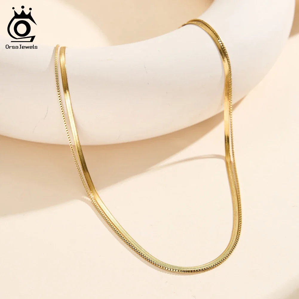 

ORSA JEWELS 18K Gold Plated Stainless Steel Layer Necklaces for Women Stackable Flat Snake Box Chain Choker Chain Jewelry STCC03