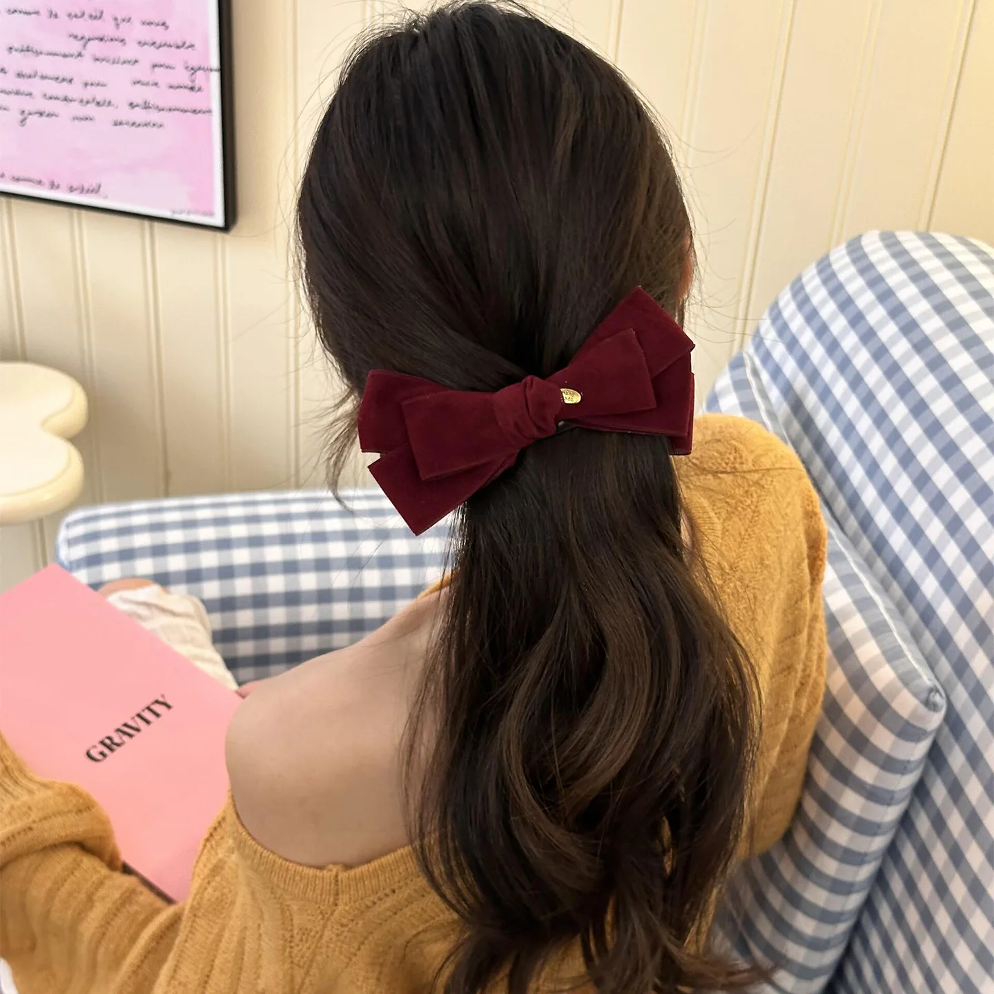 

1pc Premium Suede Bow Banana Clip 2025 New Gold Logo Voluminous Hair Claw for Women High Ponytail Half Up Hairstyle Elegant