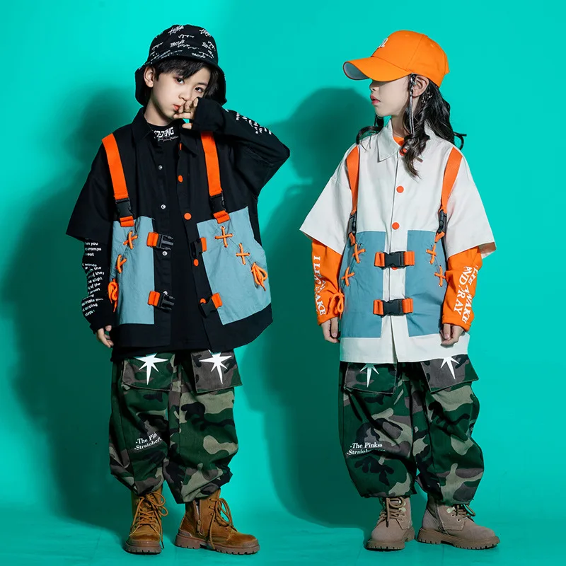 

Kid Hip Hop Clothing Strap Cord Shirt Sweatshirt Camo Street Tactical Cargo Jogger Pants for Girl Boy Jazz Dance Costume Clothes