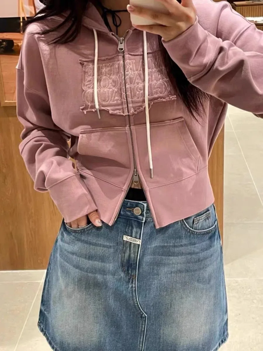 Felpa con ricamo pesante Slim Fit Cerniera Jaet Lettera Patch Lavoro Jennie Car Jingyuan Street Sle Cotton Long Sve