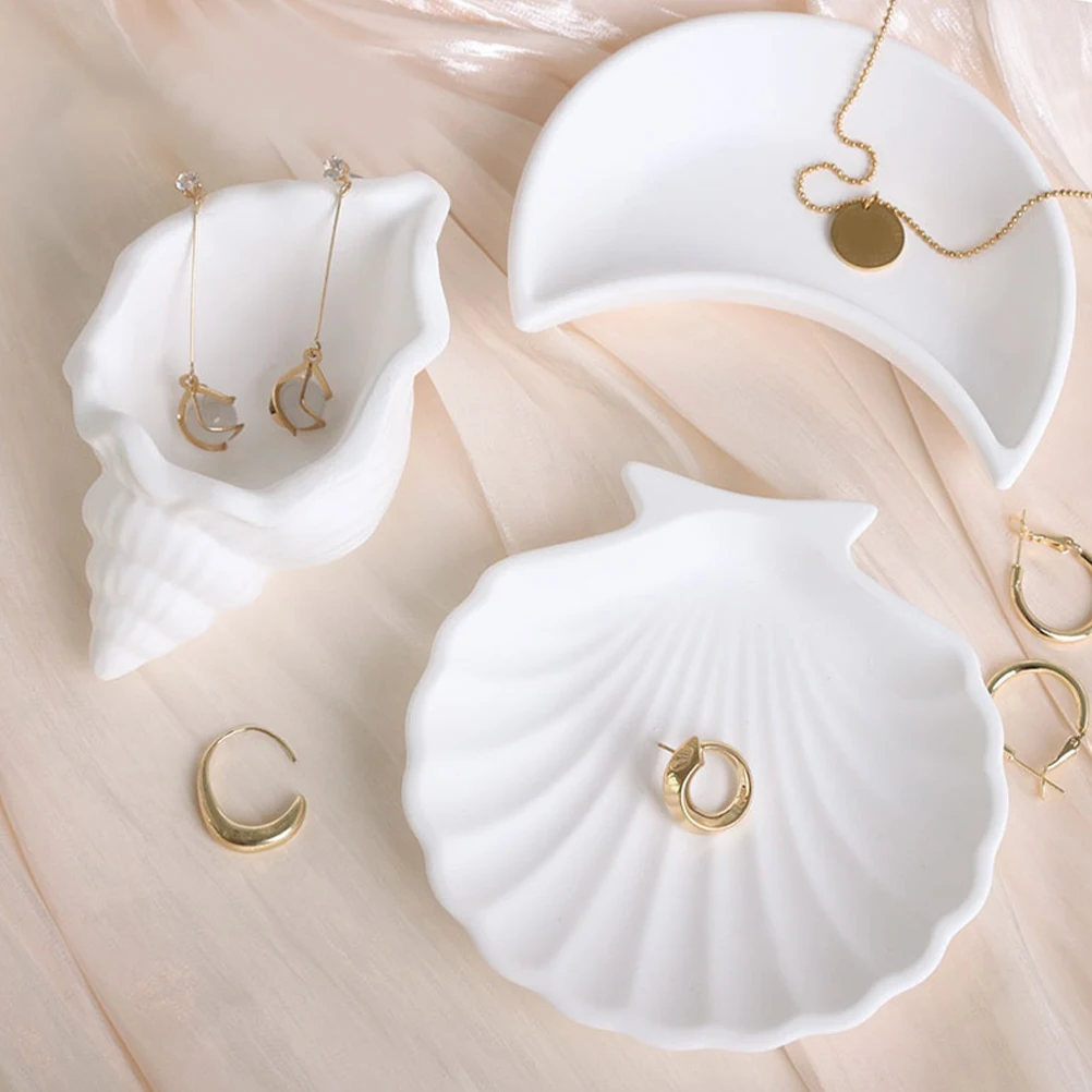 

3 Pcs Moon Shell Seashell Jewelry Dish Tray White Gypsum Desk Photo Prop Storage ganizer Trinket Plate Display