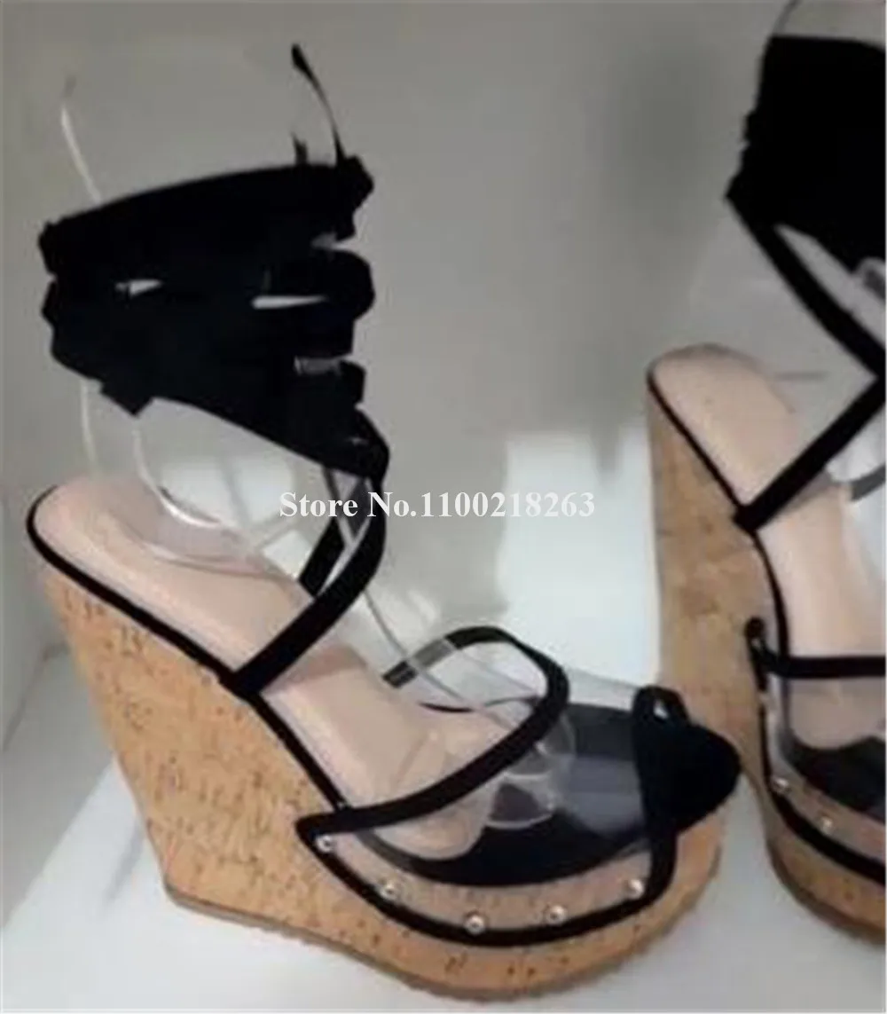 Clear PVC High Platform Wedge Sandals Peep Toe Metal Studs Black Lace-up Transparent Wedges Fashion Party Dress Heels