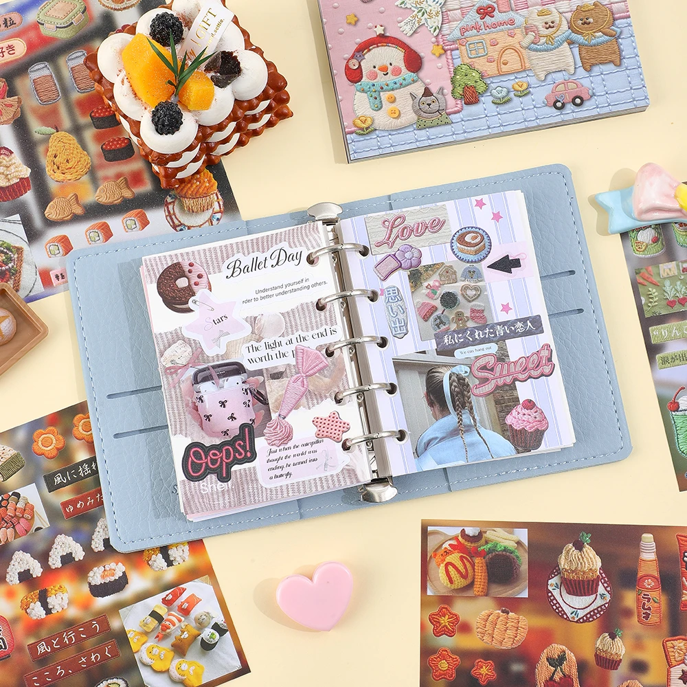 30 Sheets Embroidery Style Stickers Book With Kawaii Food Animal Embossed Design for Scrapbooking Journaling DIY Crafts