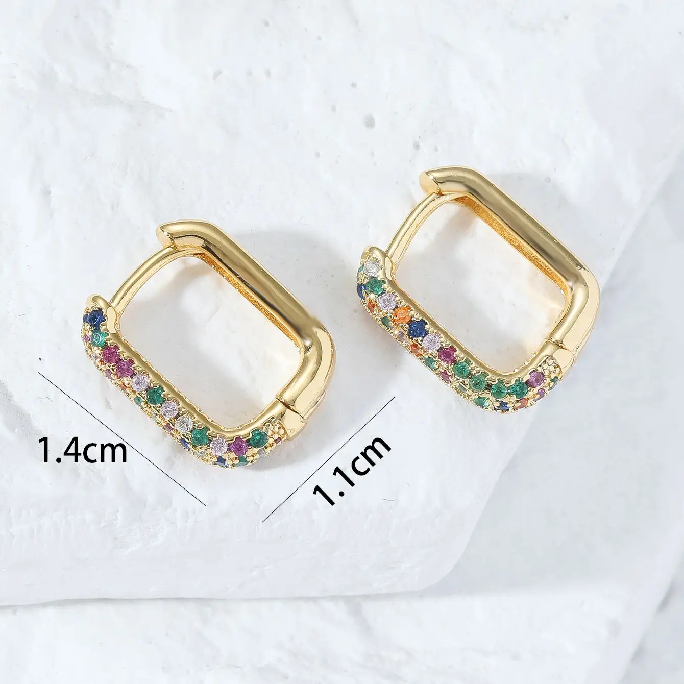 Unilateral Colored Diamond Inlaid Square Ear Buckles Real Gold Plated Non-allergic Hook Earrings