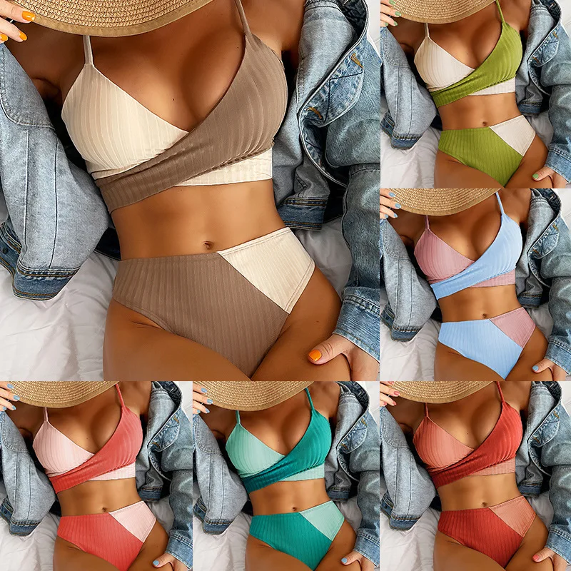 2023 baru warna Solid cocok lubang tebal Strip lintas tali pinggang tinggi wanita Bikini baju renang seksi