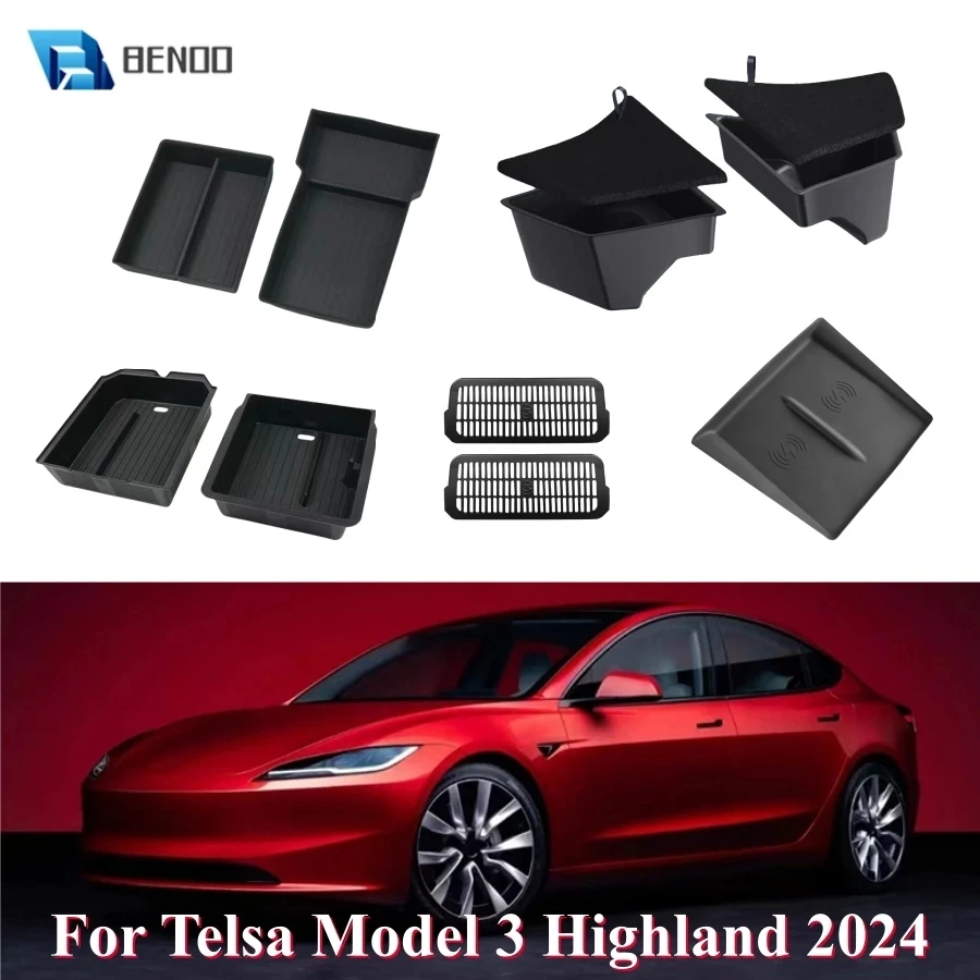 

For Tesla Model 3 Highland 2024 Center Console Storage Box Rear Trunk Organizer Trays Backseat Vent Cover Charging Nonslip Mat