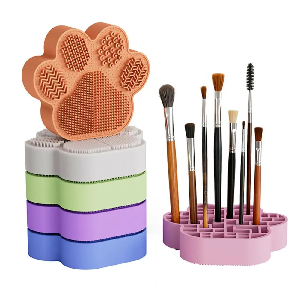 Cosmetic Brush Pad 2-in-1 Silicone Makeup Brush Holder Mat Cat Paw Shape Brush Organizer Drying Rack for Storing Brushes 2-in-1