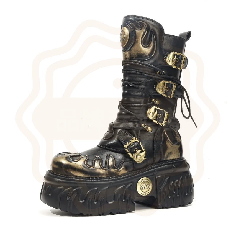 Punk Style Womens Shoes Exquisite Flame Platform Motorcycle Boots for Woman Fashion Mid Calf Boots Designer Shoes Botas De Mujer