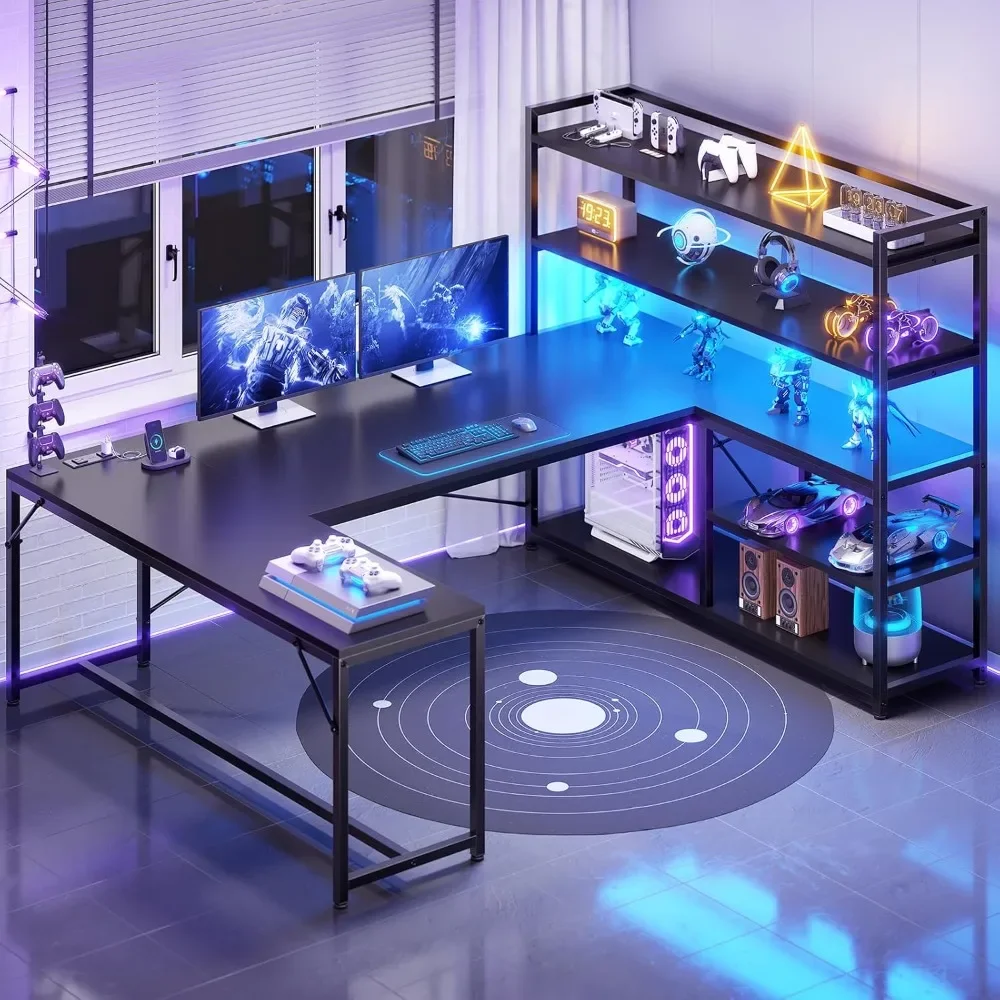 

L Shaped Gaming Desk, 63'' Reversible Computer Desk with Power Outlet and Storage Shelves, Corner Gaming Desk with LED Lights