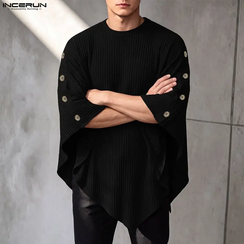 INCERUN Men's Irregular Pullovers O-neck Casual Cloak Cape For Man Streetwear Loose Fashion Oversize Knitted Ponchos Sweaters