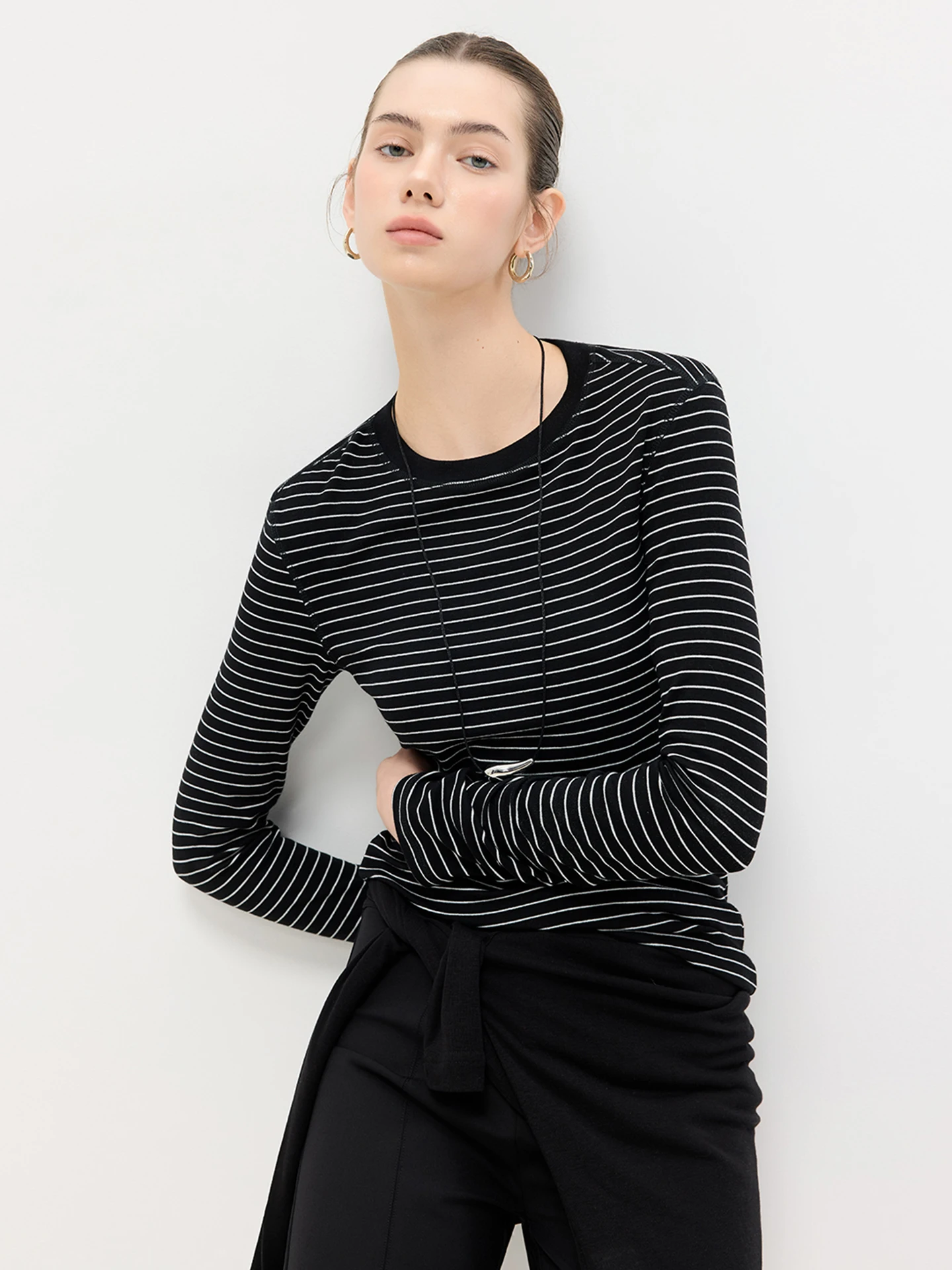 

LUR Soft Silk Wool Vintage Striped Base irt Women's Long Sve Inner Wear T-irt Spring Autumn Top High Waist Knitted