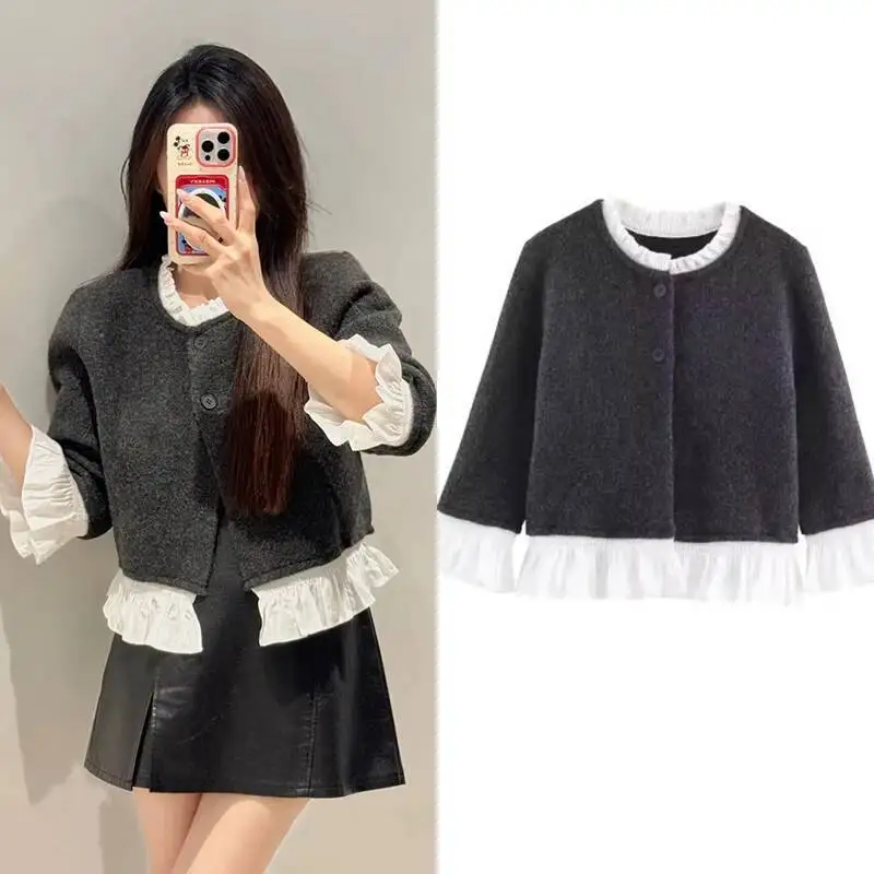 

2025 Fall Small Fragrance Patchwork Knitted Cardigan Sweater For Women Single-Breasted Fashionable Trendy Tops Pulls Femmes