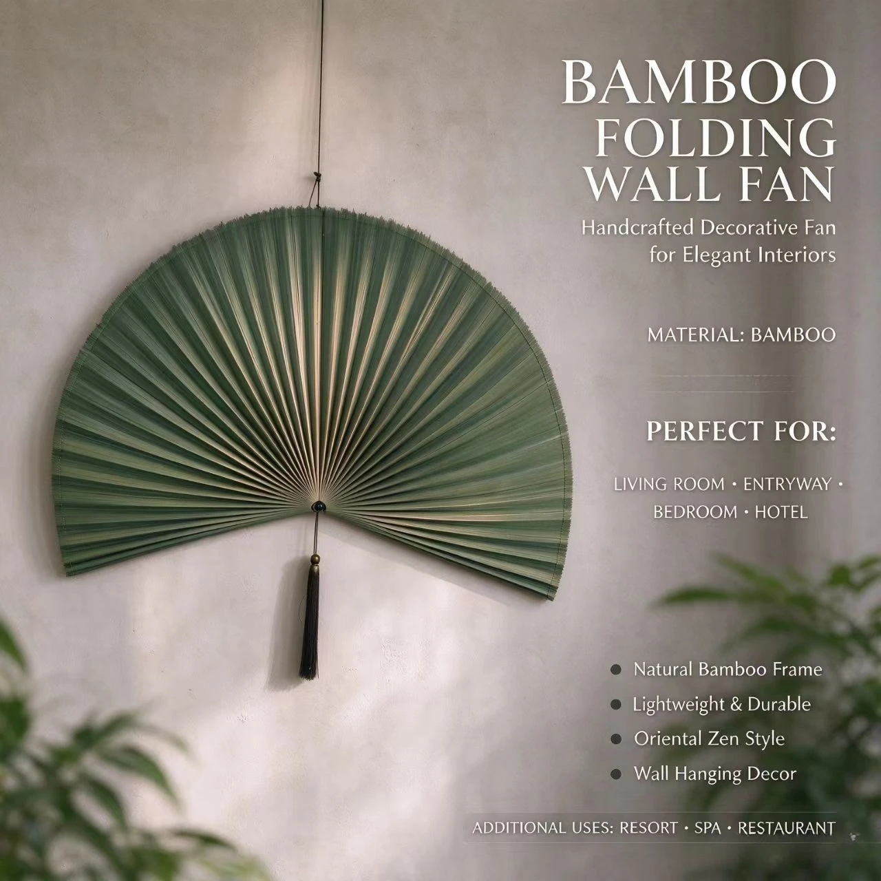 Handcrafted Bamboo Wall Fan, Large Boho Wall Hanging Decor with Tassel, Oriental Home Art for Living Room Bedroom