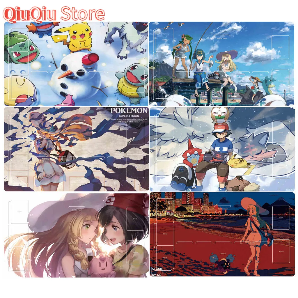 

600X350X2mm Diy Ptcg Lillie Ash Ketchum Lucario Single Player Card Battle Mat Ptcg Board Game Card Battle Table Mat Gift Toys